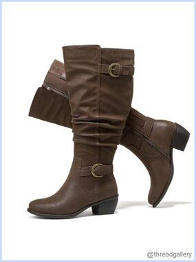 Extra Wide Calf Low Heel Knee-High Boots Memory Foam Zip Faux Leather